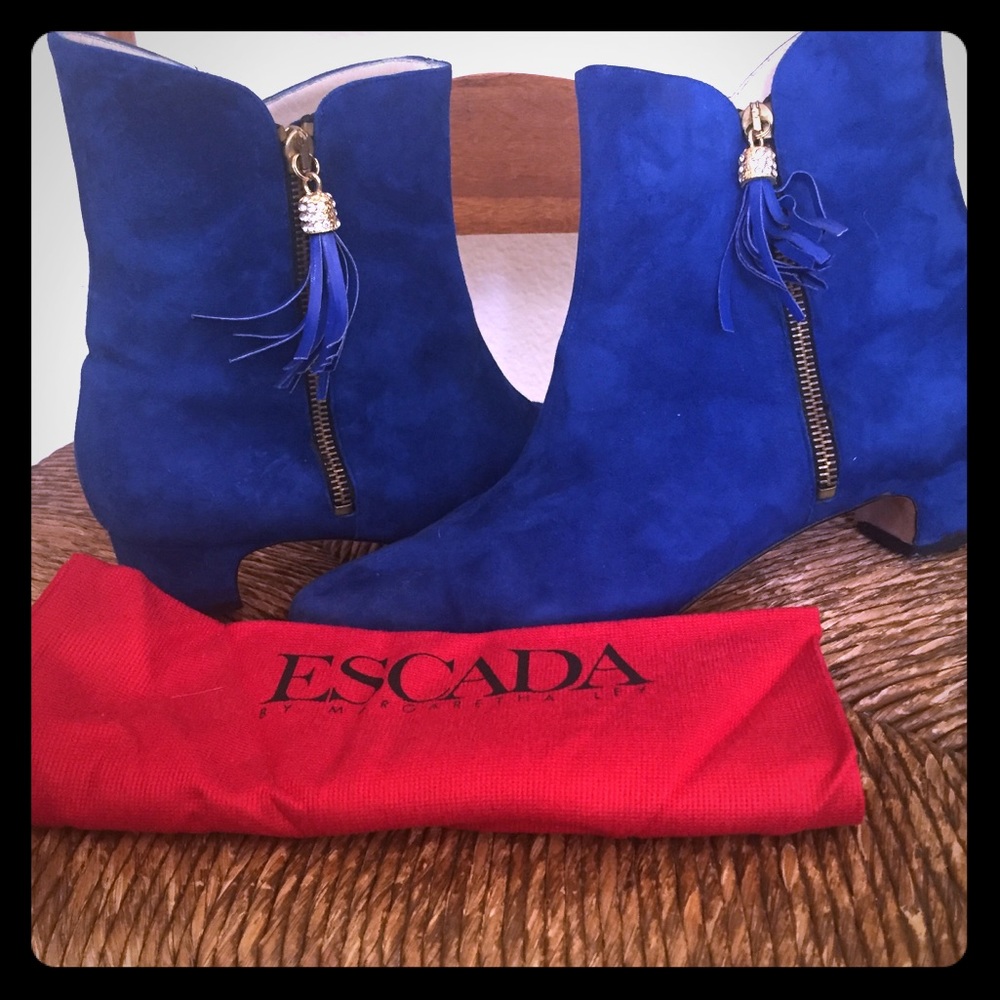 Escada Cobalt Blue Kid Suede ankle boots